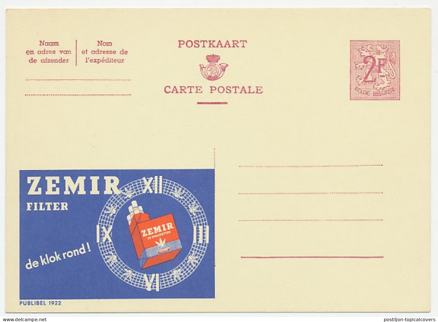 Publibel - Postal Stationery Belgium 1959 Cigarette - Zemir - Clock - Tabac