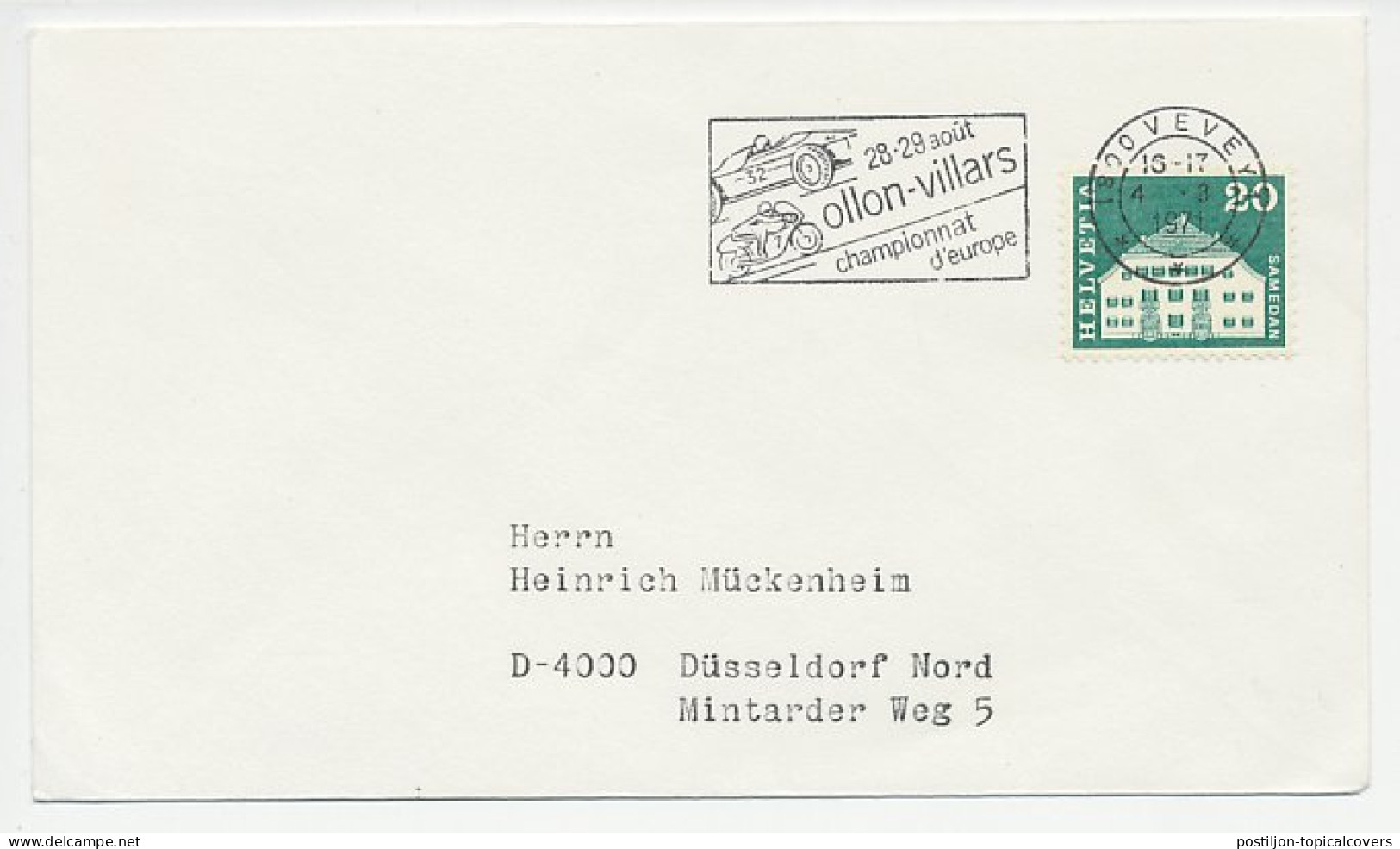 Cover / Postmark Switzerland 1971 Motor Race - Car Race - European Championships - Motorräder