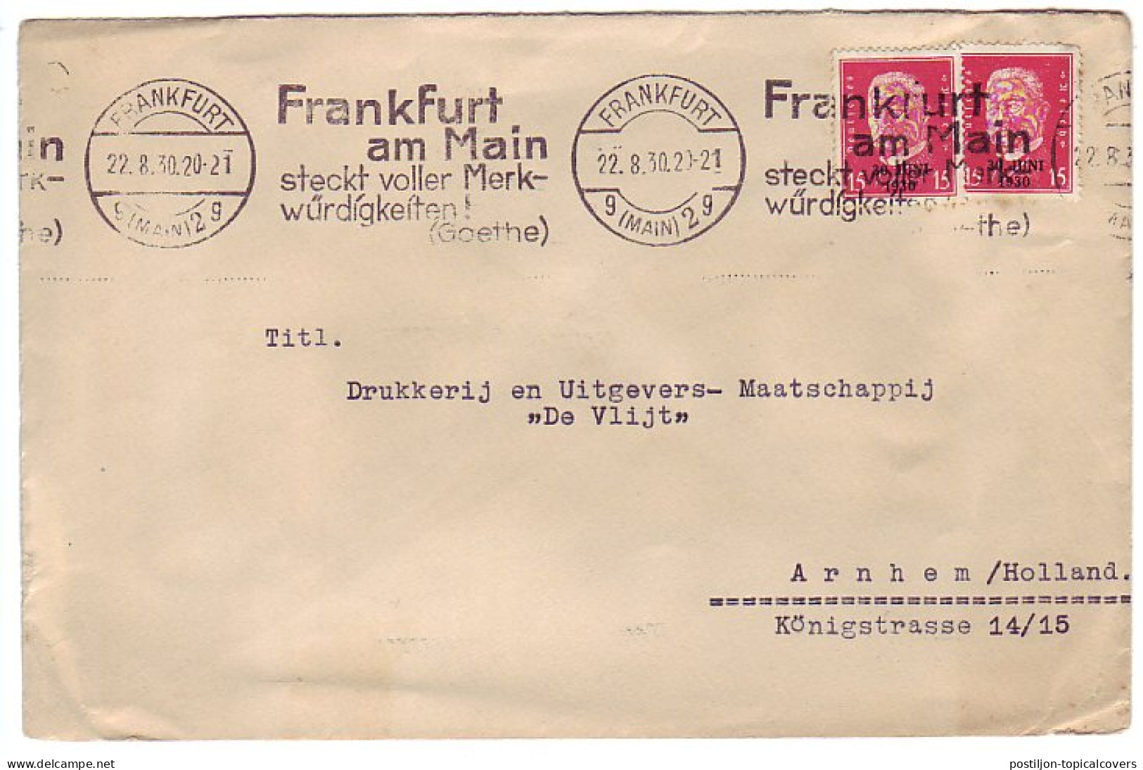 Cover / Postmark Deutsches Reich / Germany 1930 Johann Wolfgang Goethe - Writer - Schrijvers