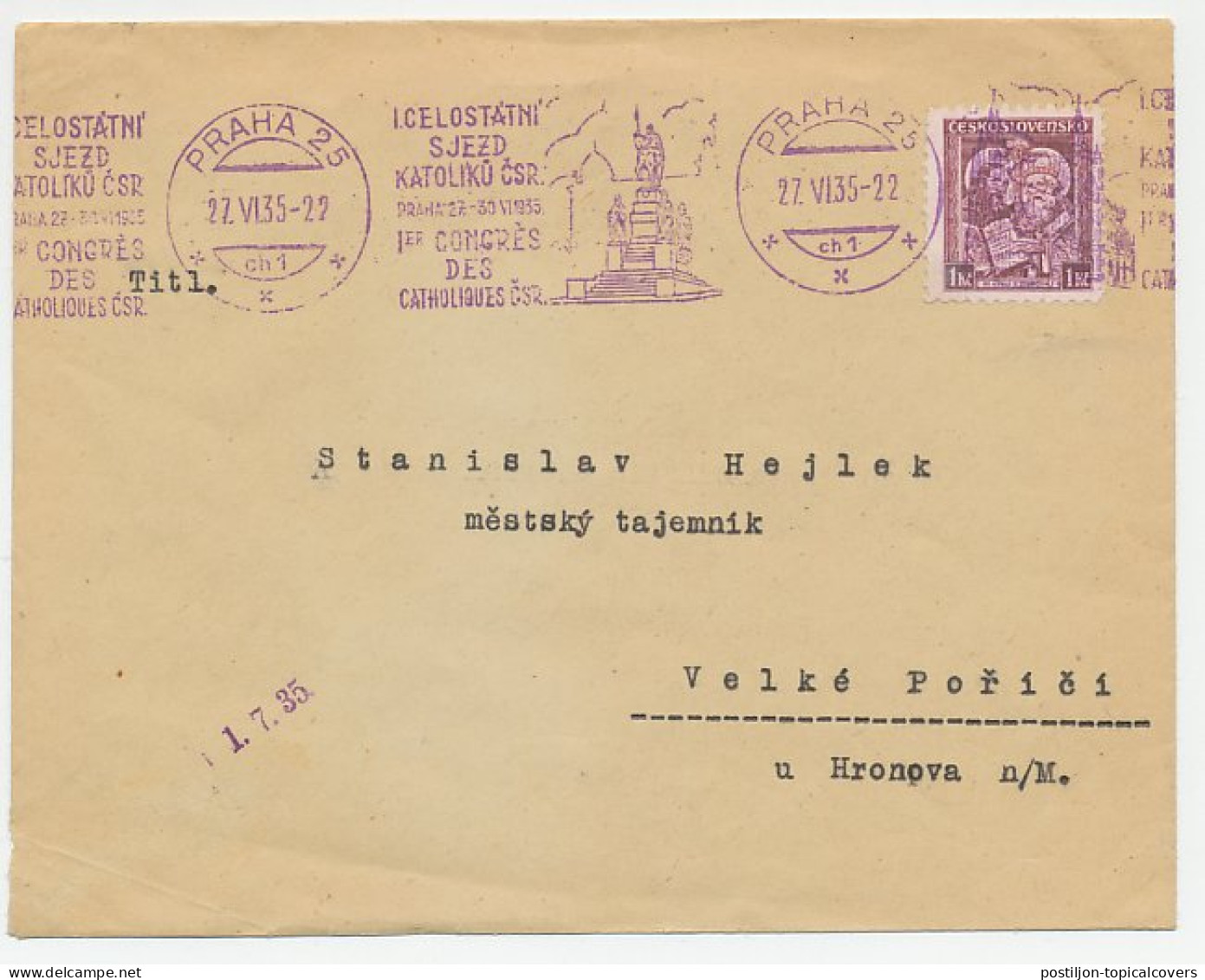 Cover / Postmark Czechoslovakia 1935 Catholic Congress - Autres & Non Classés
