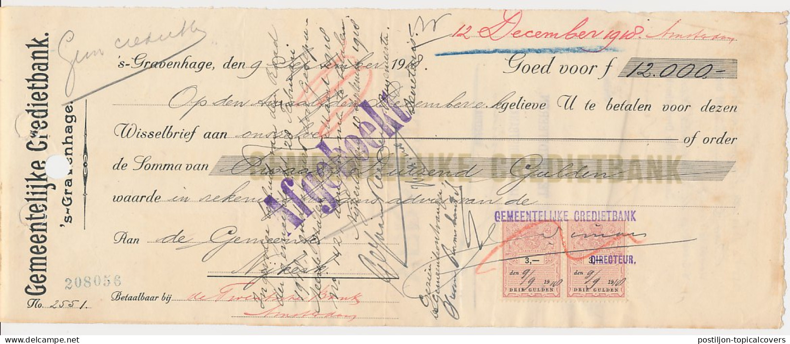 Plakzegel 3.- / 3.- Den 19.. - Wisselbrief Den Haag 1918 - Revenue Stamps