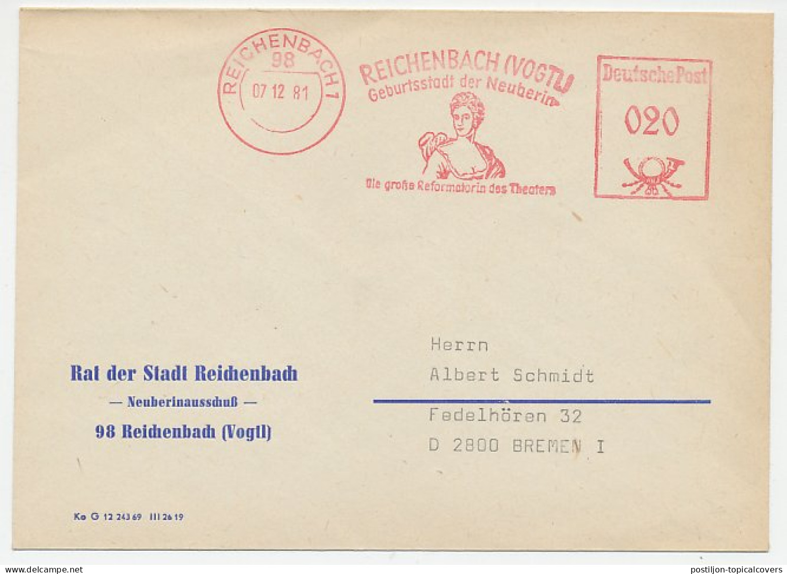 Meter Cover Deutsche Post / Germany 19(81) Neuberin - Friederike Caroline Neuber - Reichenbach - Theater