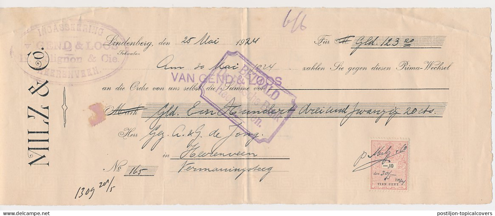 Plakzegel TIEN CENT Den 19.. Wisselbrief Lindenberg / Heerenveen 1924 - Revenue Stamps