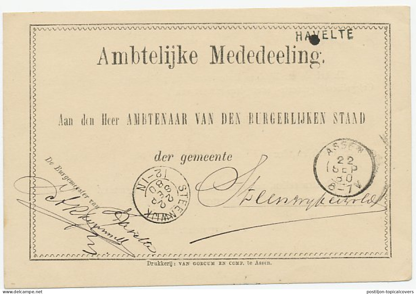 Naamstempel Havelte 1880 - Lettres & Documents