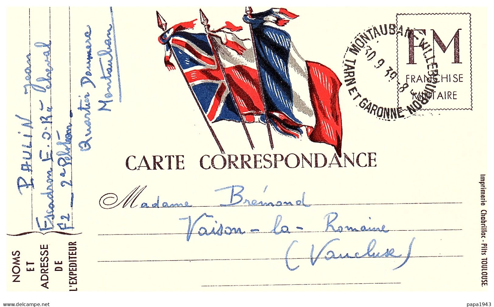 1939  CP Correspondance  CAD De MONTAUBAN - VILLEBOURBON   F M Envoyée à VAISON 84 - Brieven En Documenten