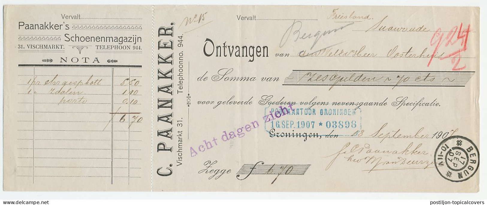 Groningen - Bergum 1907 - Kwitantie - Sin Clasificación