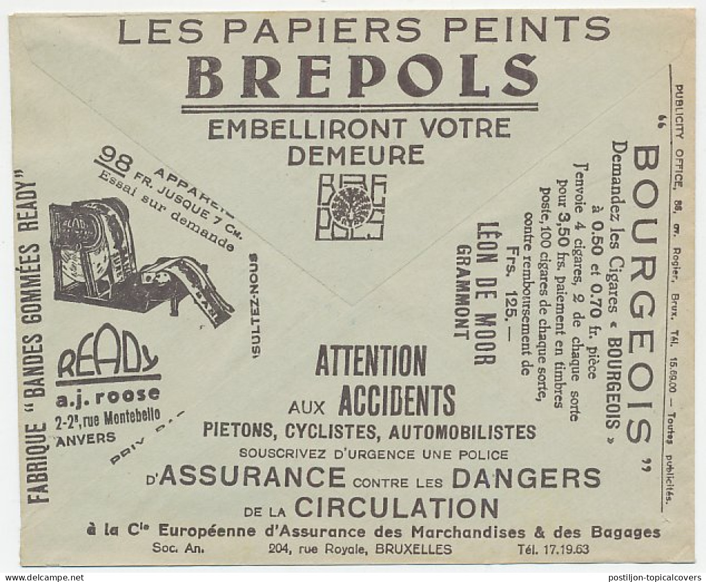 Postal Cheque Cover Belgium 1936 Traffic Safety - Gummed Strip Machine - Wallpaper - Cigar  - Sonstige & Ohne Zuordnung