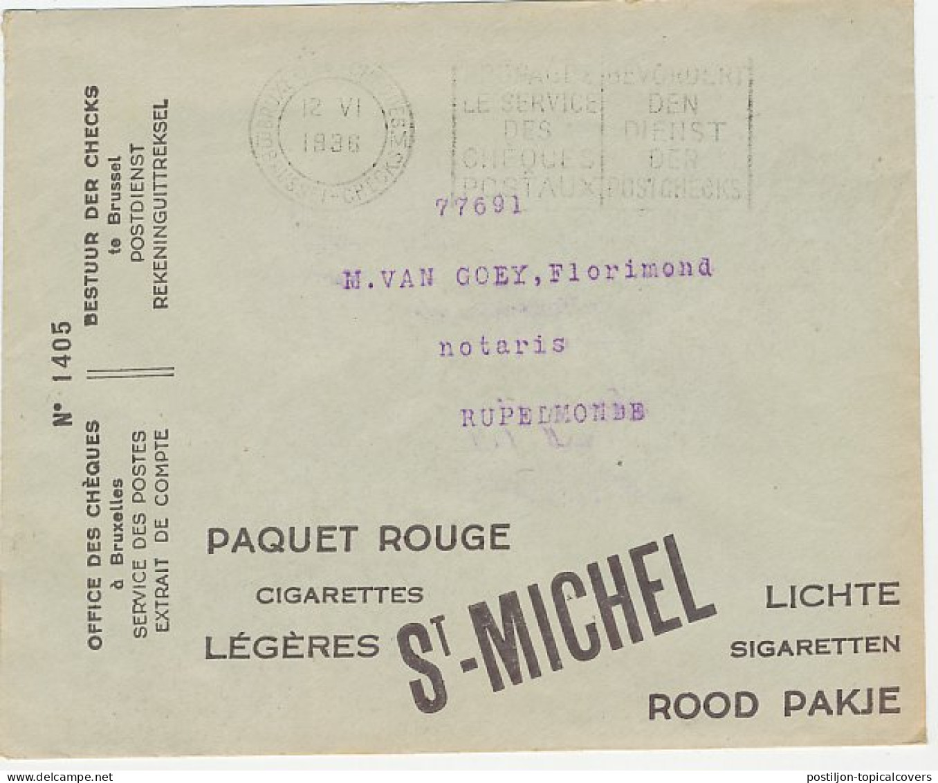 Postal Cheque Cover Belgium 1936 Traffic Safety - Gummed Strip Machine - Wallpaper - Cigar  - Autres & Non Classés