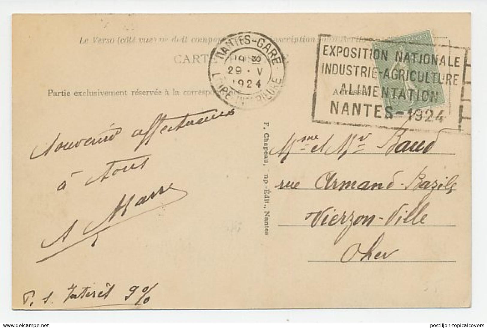 Postcard - Postmark France 1924 Food Exhibition - Agriculture - Industry - Levensmiddelen