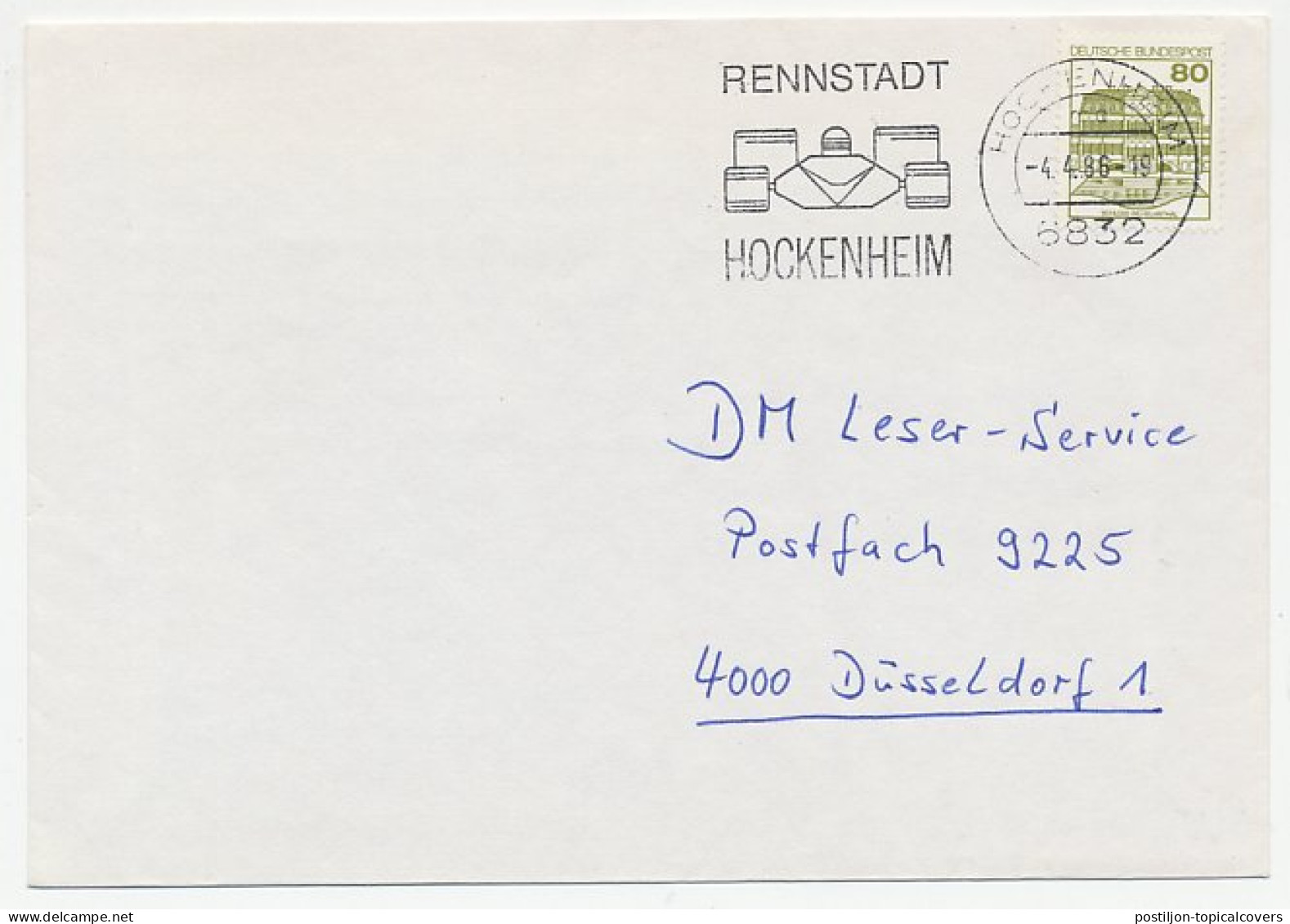 Cover / Postmark Germany 1986 Car Race - Racing Town Hockenheim - Sonstige & Ohne Zuordnung