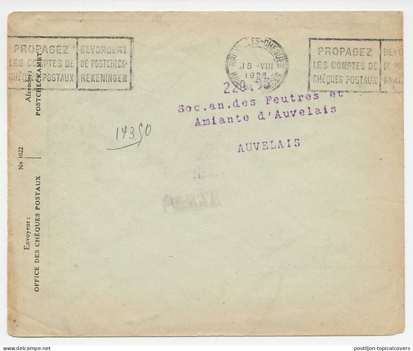 Postal Cheque Cover Belgium 1928 Envelopes  - Non Classés