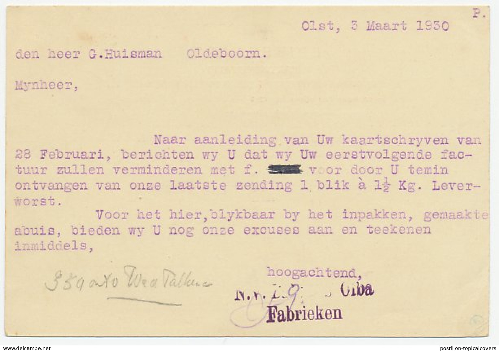Firma Briefkaart Olst 1930 - Vlees- En Groentenconserven - Sin Clasificación