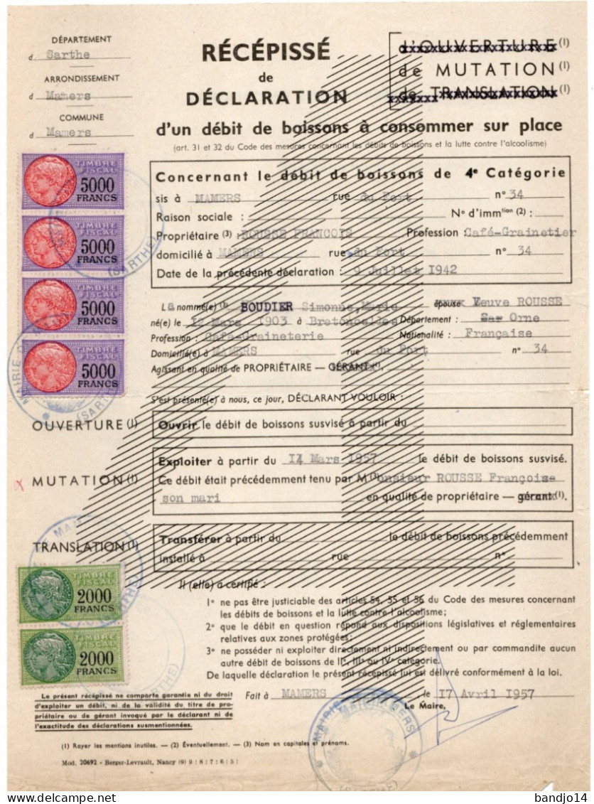 Mamers -1957 - Récépissé De Mutation D' Un Débit De Boisson ( 4 Timbres 5000f Et 2 Timbres 2000f ) - Storia Postale
