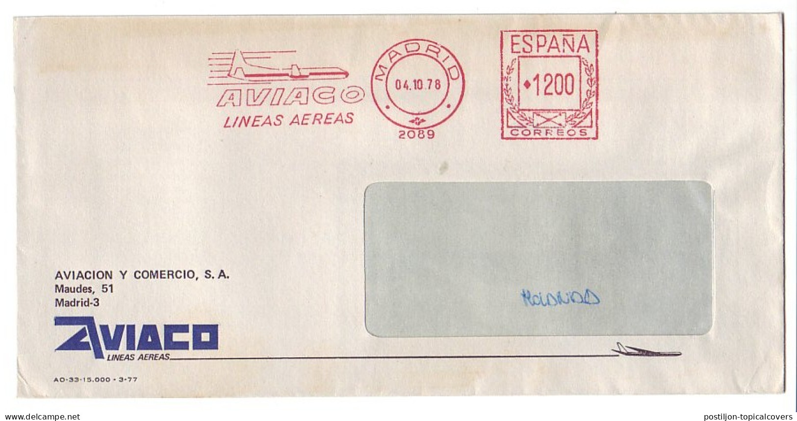 Meter Cover Spain 1978 Aviaco Air Lines - Flugzeuge