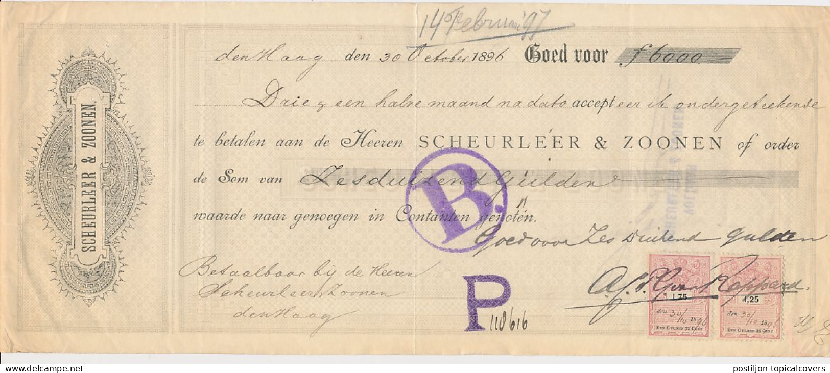 Plakzegel 1.25 / 1.75 Den 18.. Wisselbrief Den Haag 1896 - Fiscale Zegels