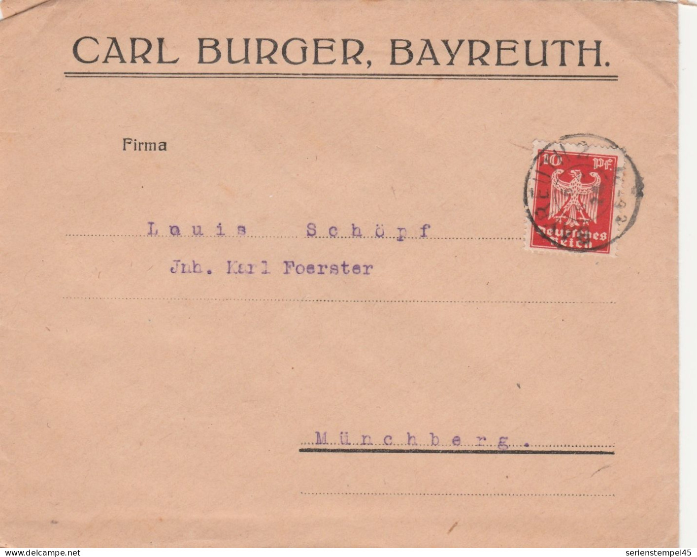 Deutsches Reich Firmenbrief Bayreuth 1924 Carl Burger Nach Münchberg - Covers & Documents