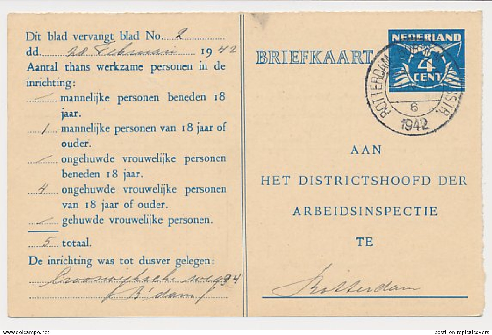 Arbeidslijst G. 18 Locaal Te Rotterdam 1942 - Entiers Postaux