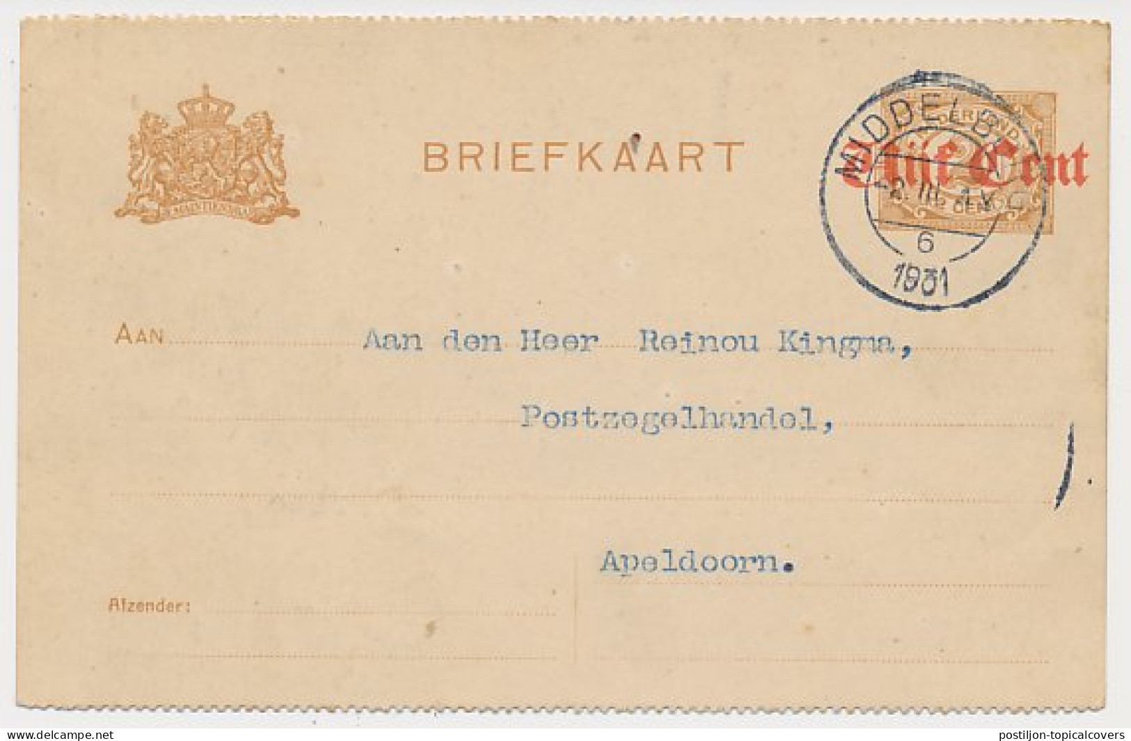 Briefkaart G. 107 B II Middelburg - Apeldoorn 1931 - Material Postal