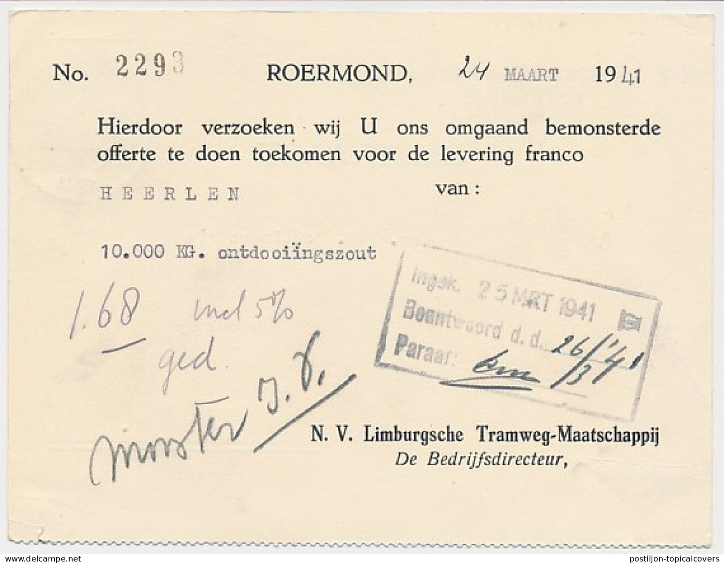 Firma Kaart Limburgsche Tramweg-Maatschappij Roermond 1941 - Sin Clasificación
