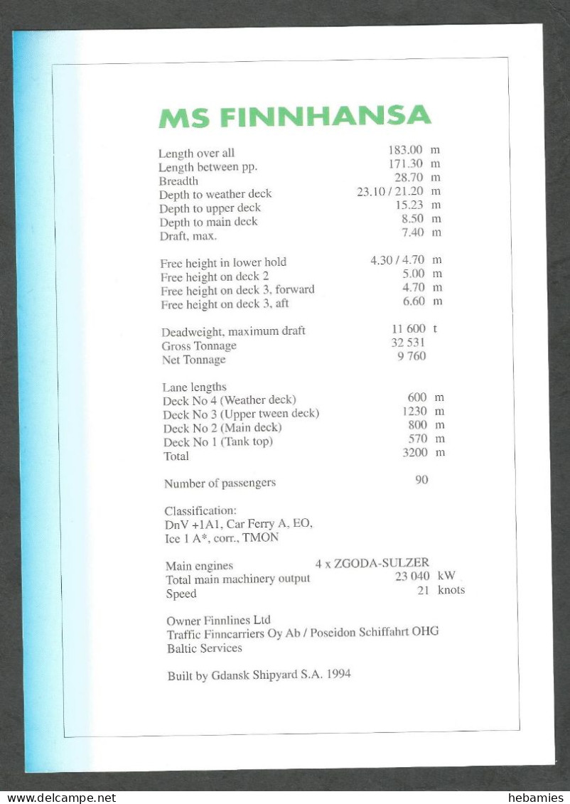 Ro-ro Cargo Vessel MS FINNHANSA - LARGE SIZE A5 - FINNCARRIERS Shipping Company Marketing Card - - Comercio