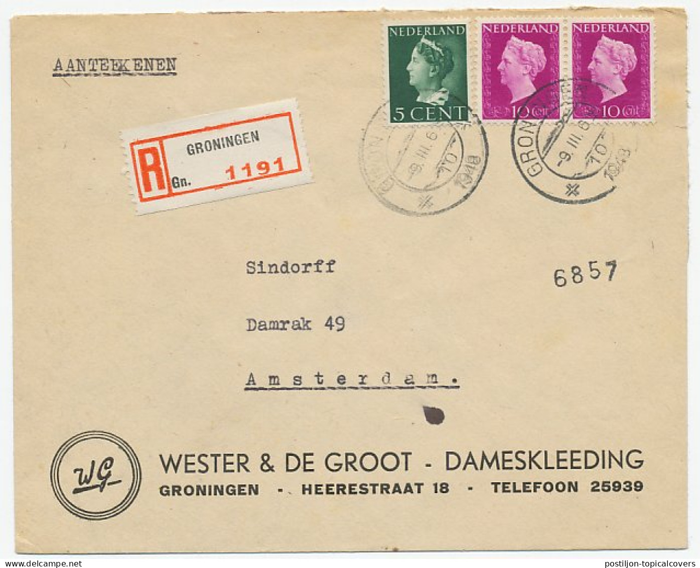 Em. Hartz Aangetekend Groningen - Amsterdam 1948 - Non Classés