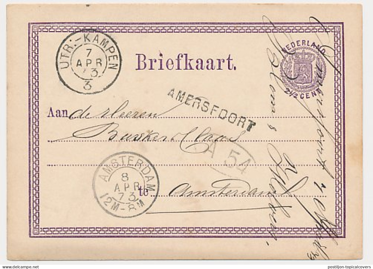 Stationspoststempel Amersfoort - Amsterdam 1873 - Covers & Documents
