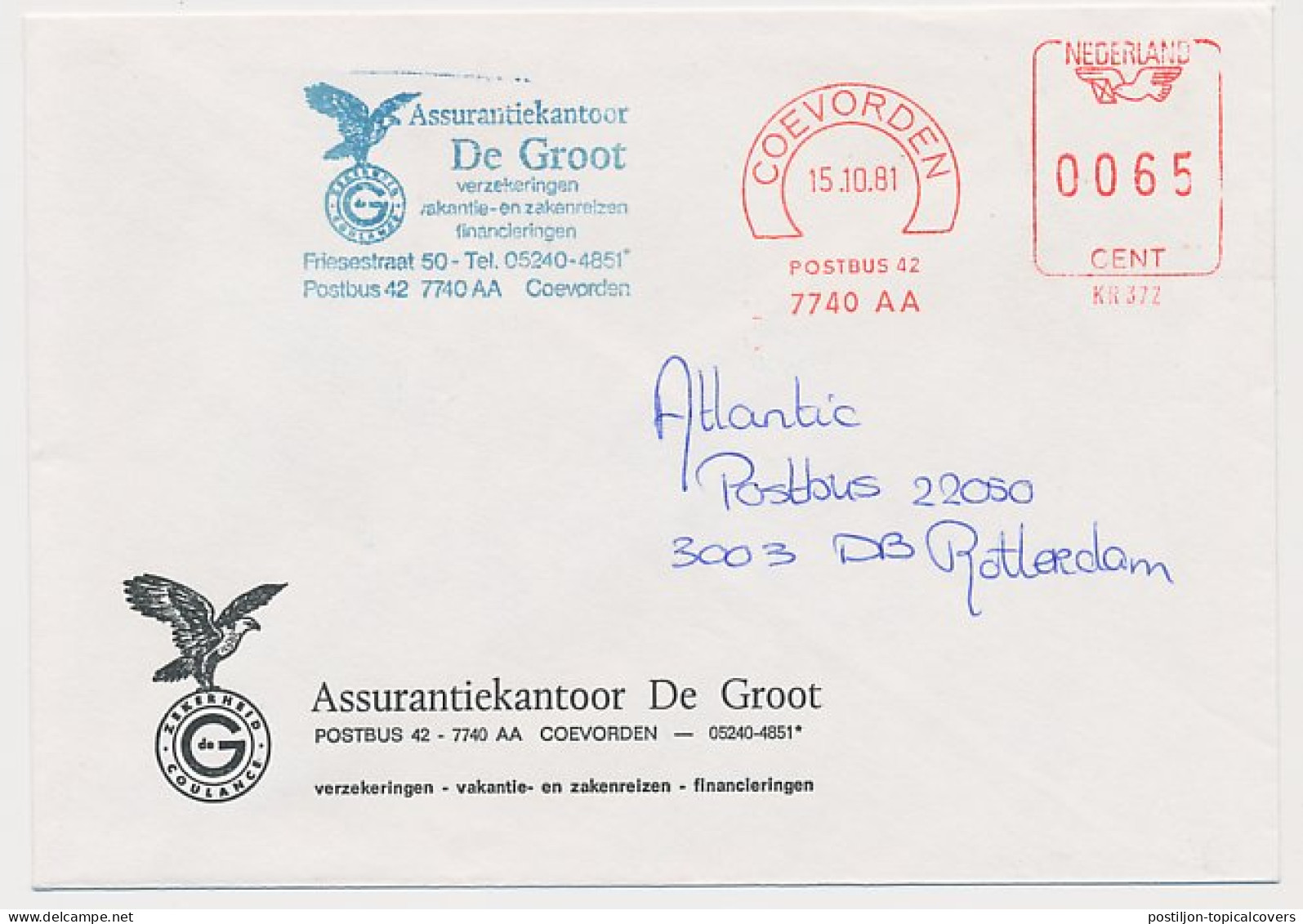 Meter Cover Netherlands 1981 Bird - Eagle - Blue Cachet / Krag Meter - Sonstige & Ohne Zuordnung