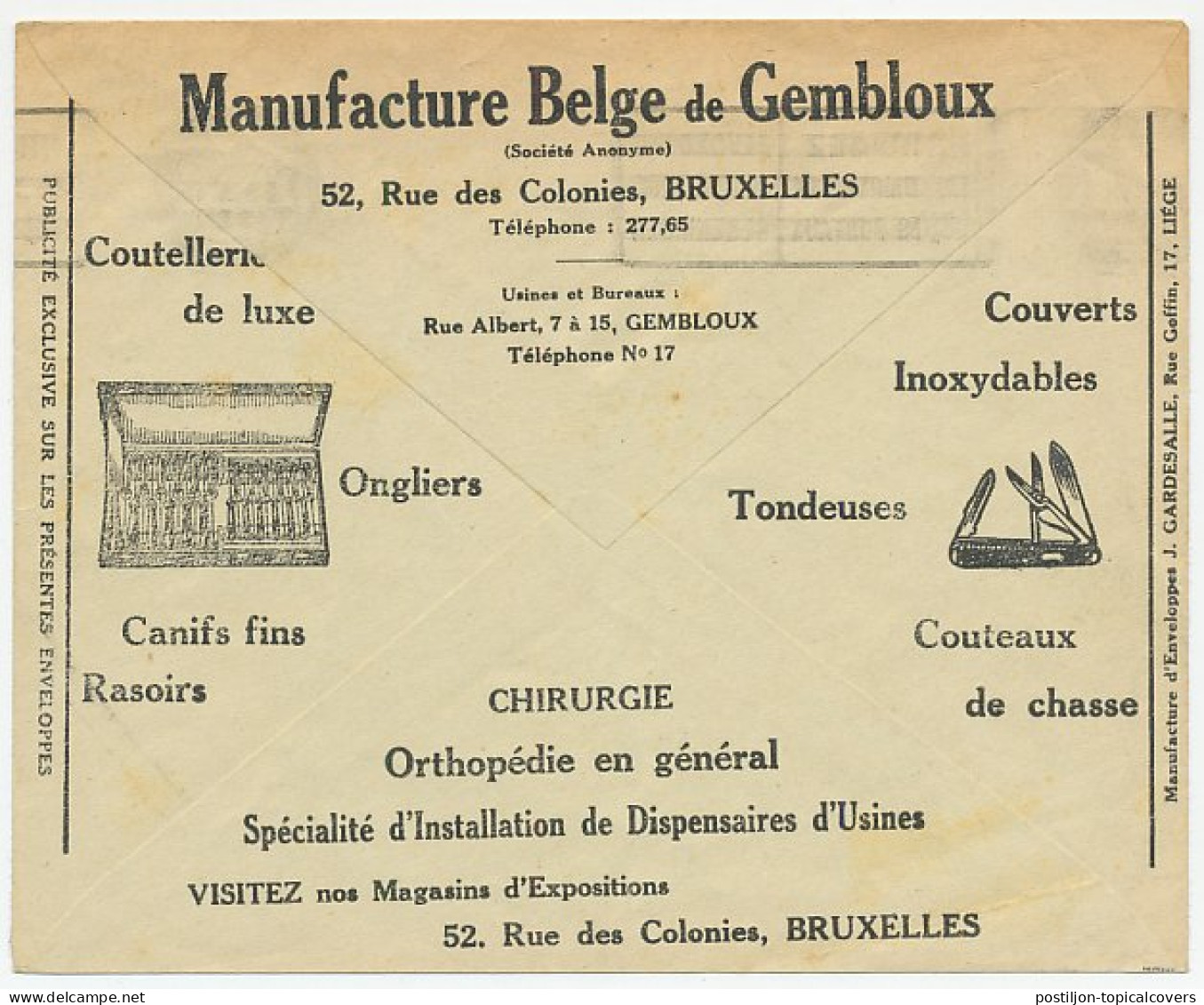 Postal Cheque Cover Belgium 1929 Anicure - Knives - Trimmer - Surgery - Orthopedic - Sonstige & Ohne Zuordnung