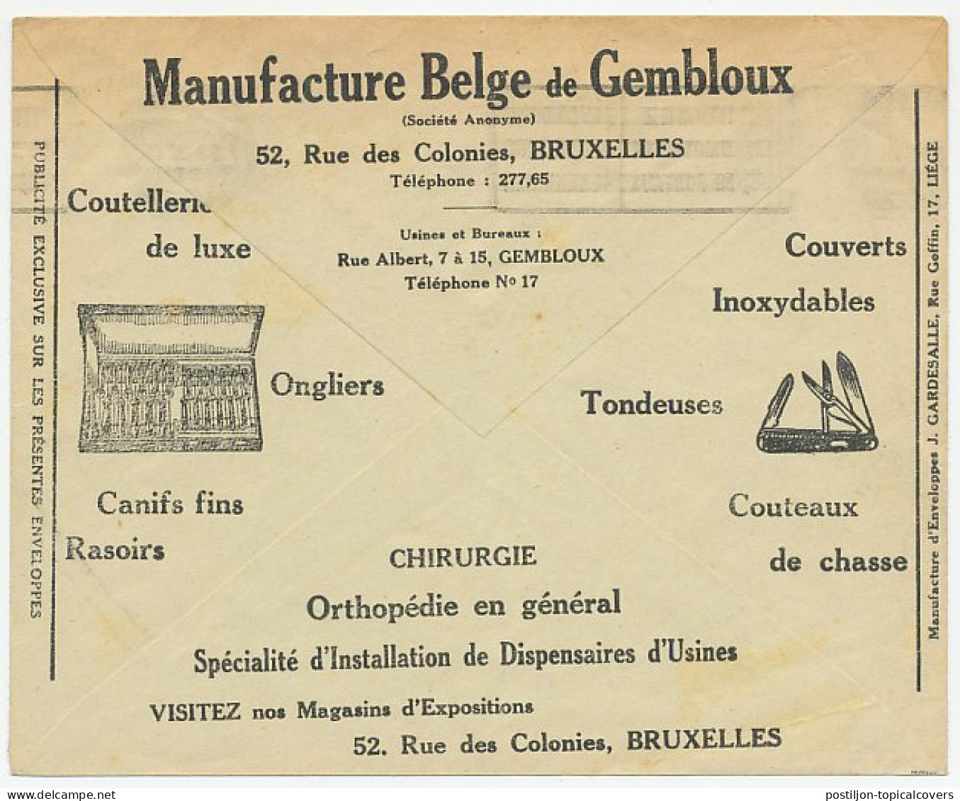 Postal Cheque Cover Belgium 1929 Anicure - Knives - Trimmer - Surgery - Orthopedic - Altri & Non Classificati