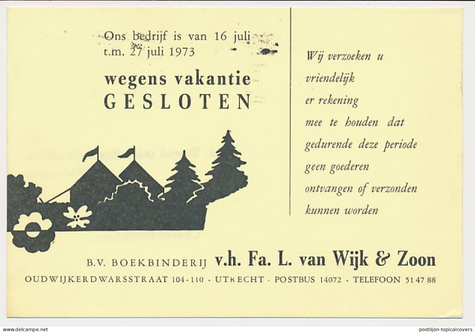 Firma Briefkaart Utrecht 1973 - Boekbinderij - Vakantie - Sin Clasificación