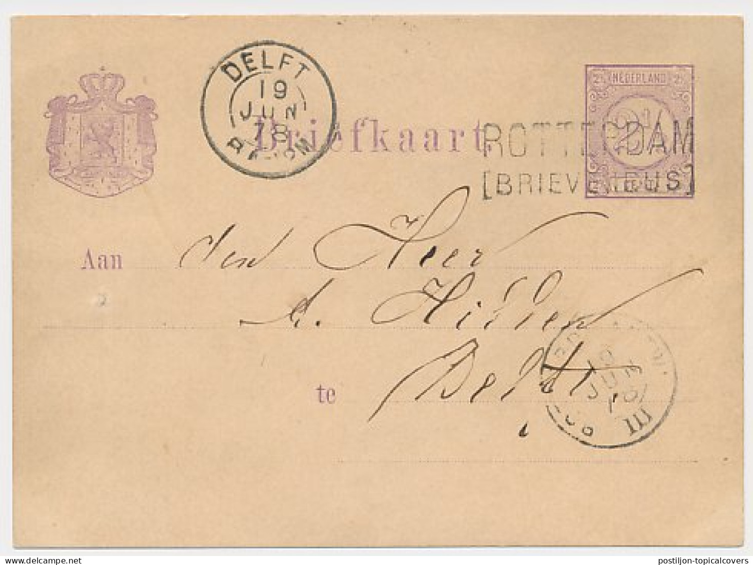 ROTTERDAM BRIEVENBUS - Delft 1878 - Cartas & Documentos
