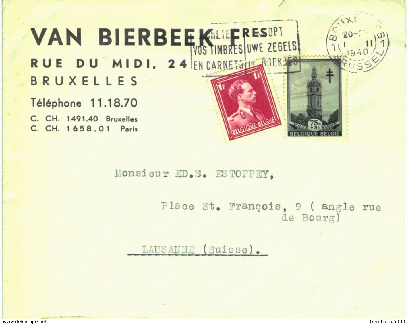 (01) Belgique  N° 522 + 428 Sur Enveloppe écrite De Bruxelles Vers Lausanne Suisse - Lettres & Documents