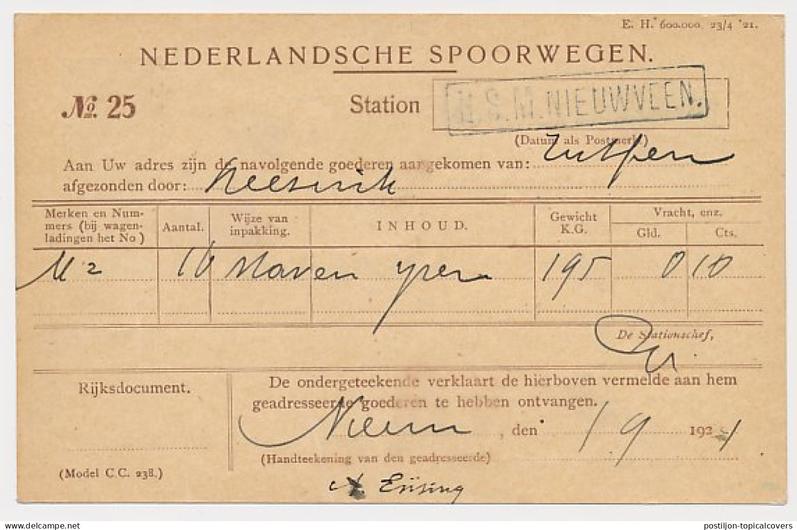 Spoorwegbriefkaart G. PNS122-I A - Nieuwveen 1921 - Entiers Postaux