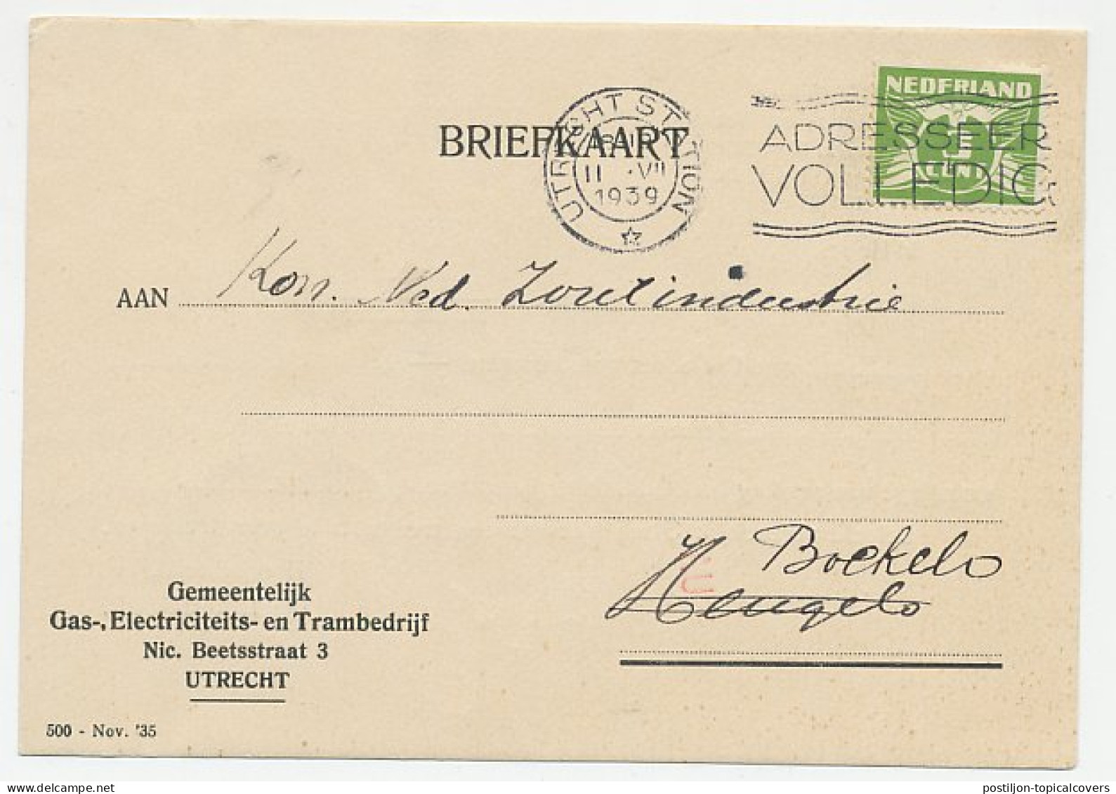 Firma Briefkaart Utrecht 1939 - Gas - Electriciteit -Trambedrijf - Non Classés