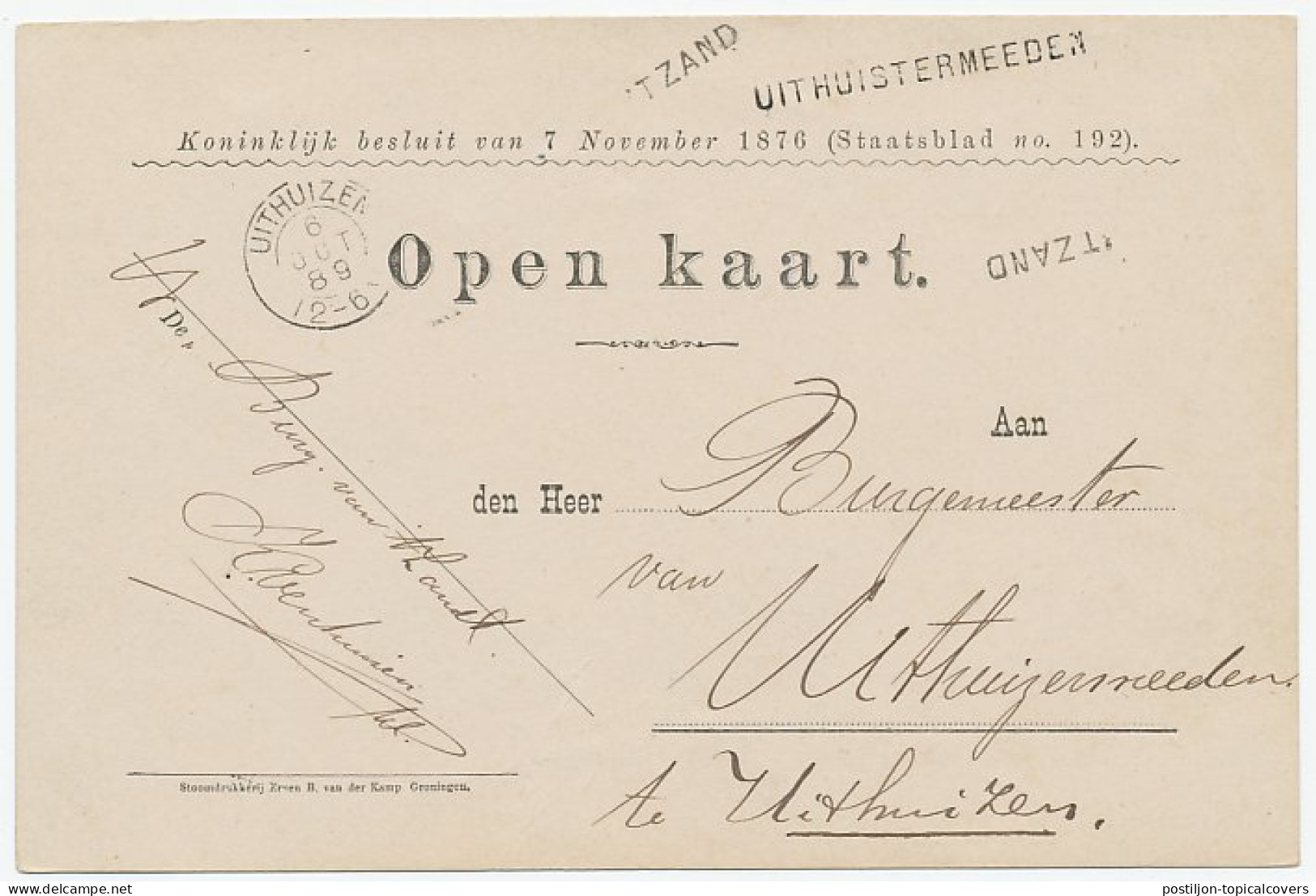 Naamstempel T Zand - Uithuistermeeden 1889 - Lettres & Documents