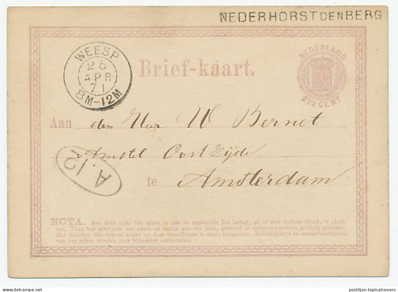 Naamstempel Nederhorst Den Berg 1871 - Cartas & Documentos