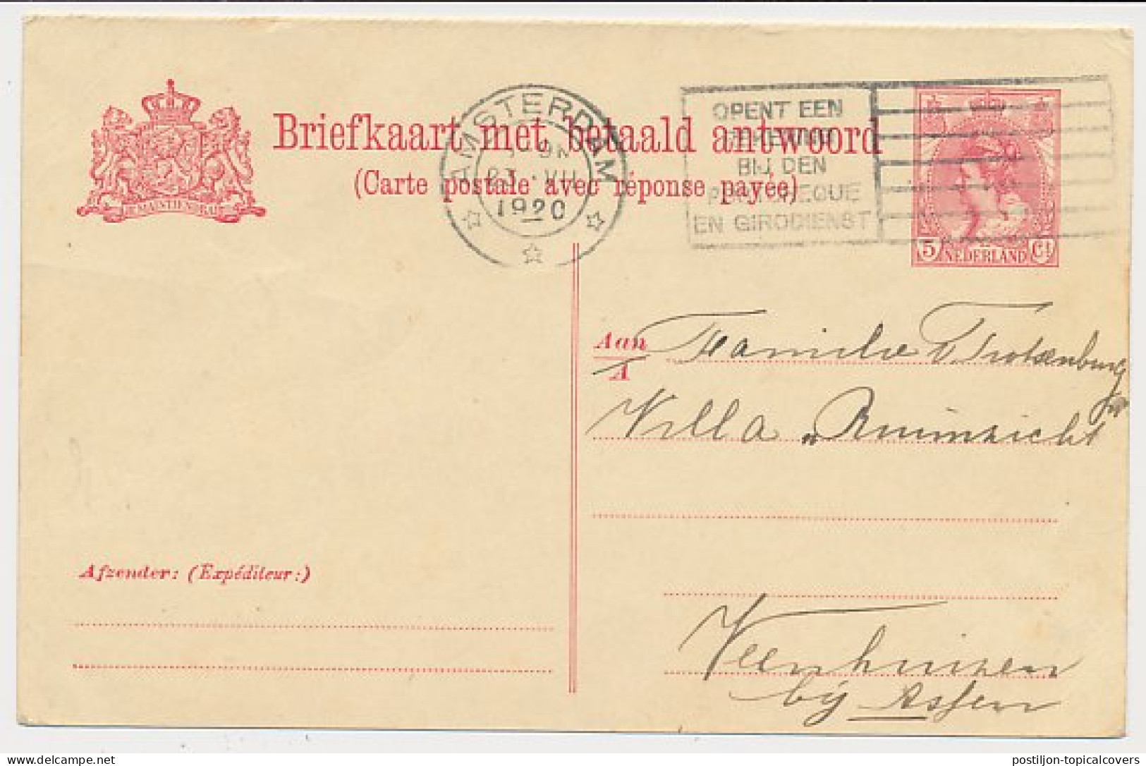 Briefkaart G. 104 V-krt. Amsterdam - Veenhuizen 1920 - Entiers Postaux