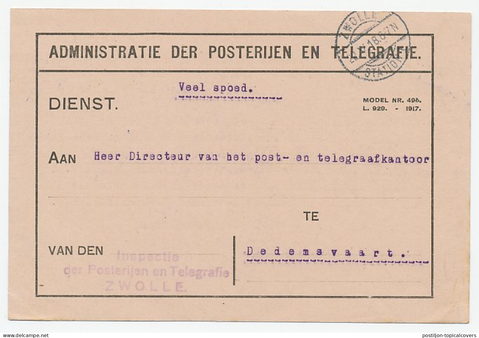 Dienst Posterijen Zwolle - Dedemsvaart 1918 - Tram / Trein - Unclassified