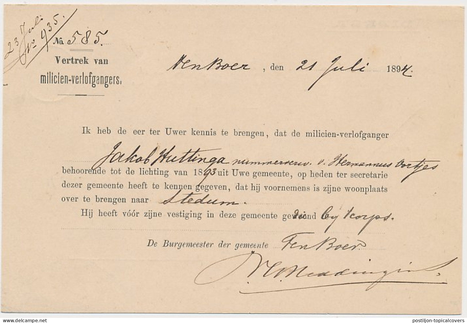 Kleinrondstempel Ten Boer 1894 - Non Classés