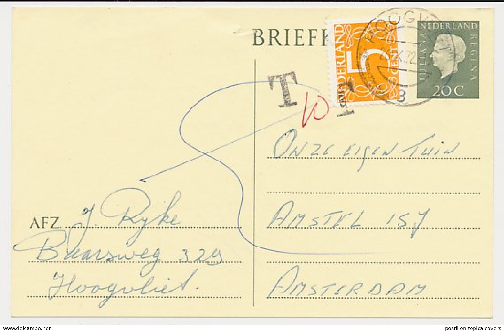 Briefkaart G. 342 / Bijfrankering Hoogvliet - Amsterdam 1972  - Material Postal