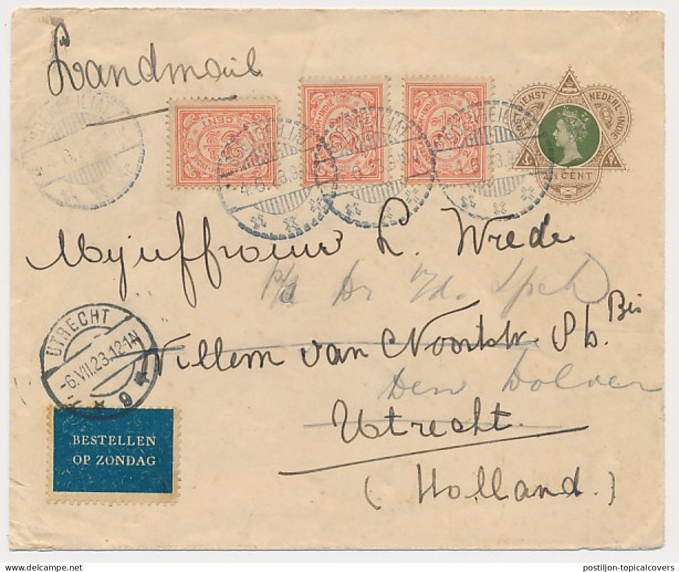 Bestellen Op Zondag - Ned. Indie - Utrecht - Den Dolder 1923  - Lettres & Documents