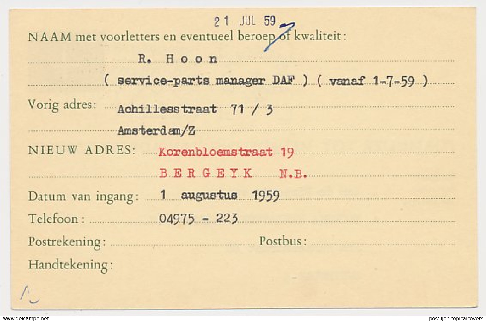 Verhuiskaart G. 26 Locaal Te Amsterdam 1959 - Material Postal