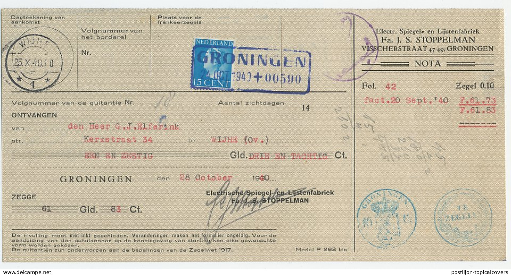 Em. Konijnenburg Groningen - Wijhe 1940 - Kwitantie - Non Classés