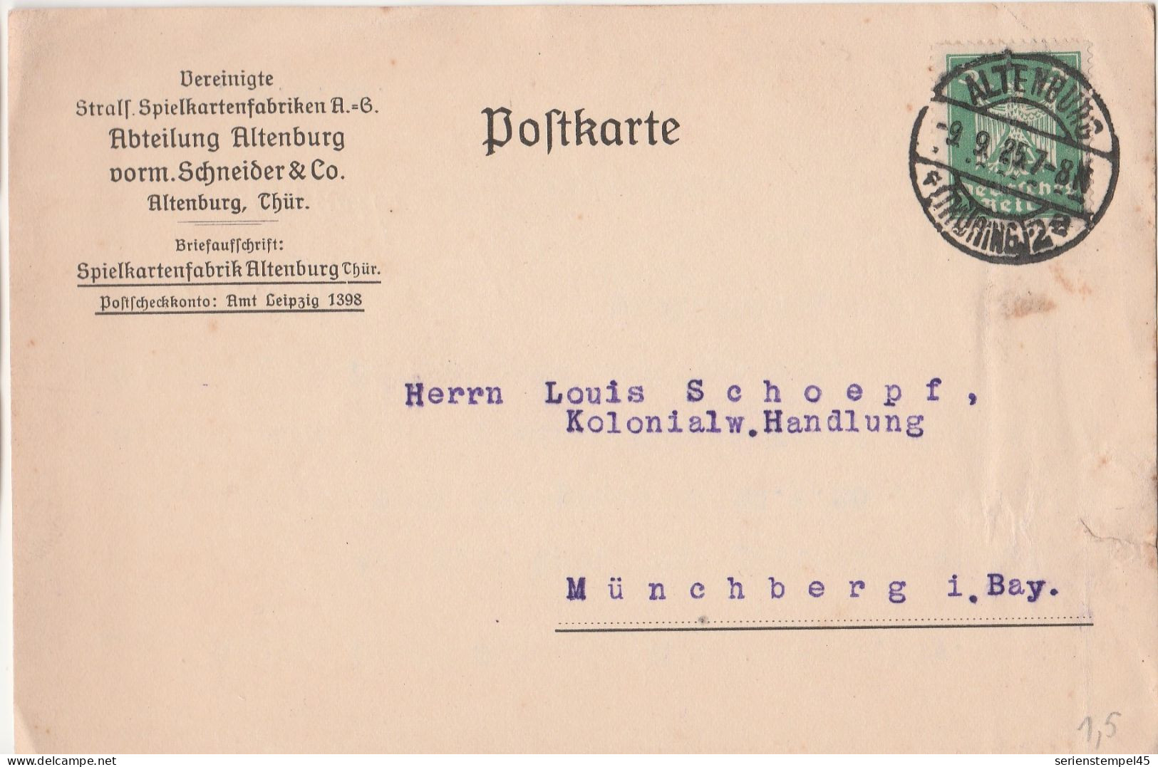 Deutsches Reich Firmenkarte Altenburg Thüringen 1925 Vereinigte Stratf Spielkartenfabriken AG - Lettres & Documents