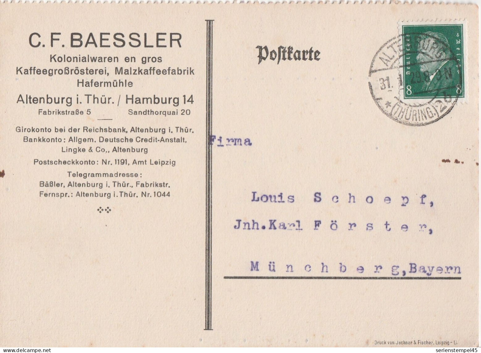 Deutsches Reich Firmenkarte Altenburg Thüringen 1929 C. F. Baessler Kolonialwaren Kaffeegroßrösterei - Lettres & Documents