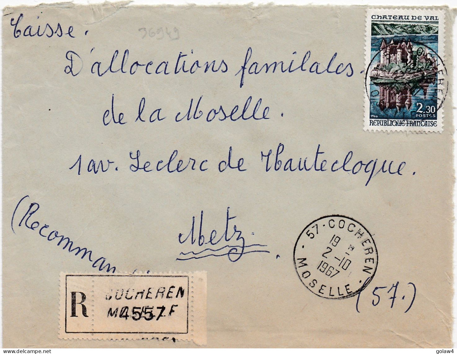 36949# LETTRE FRANCHISE PARTIELLE RECOMMANDE Obl 57 COCHEREN MOSELLE 1967 Pour METZ 57 - Lettres & Documents