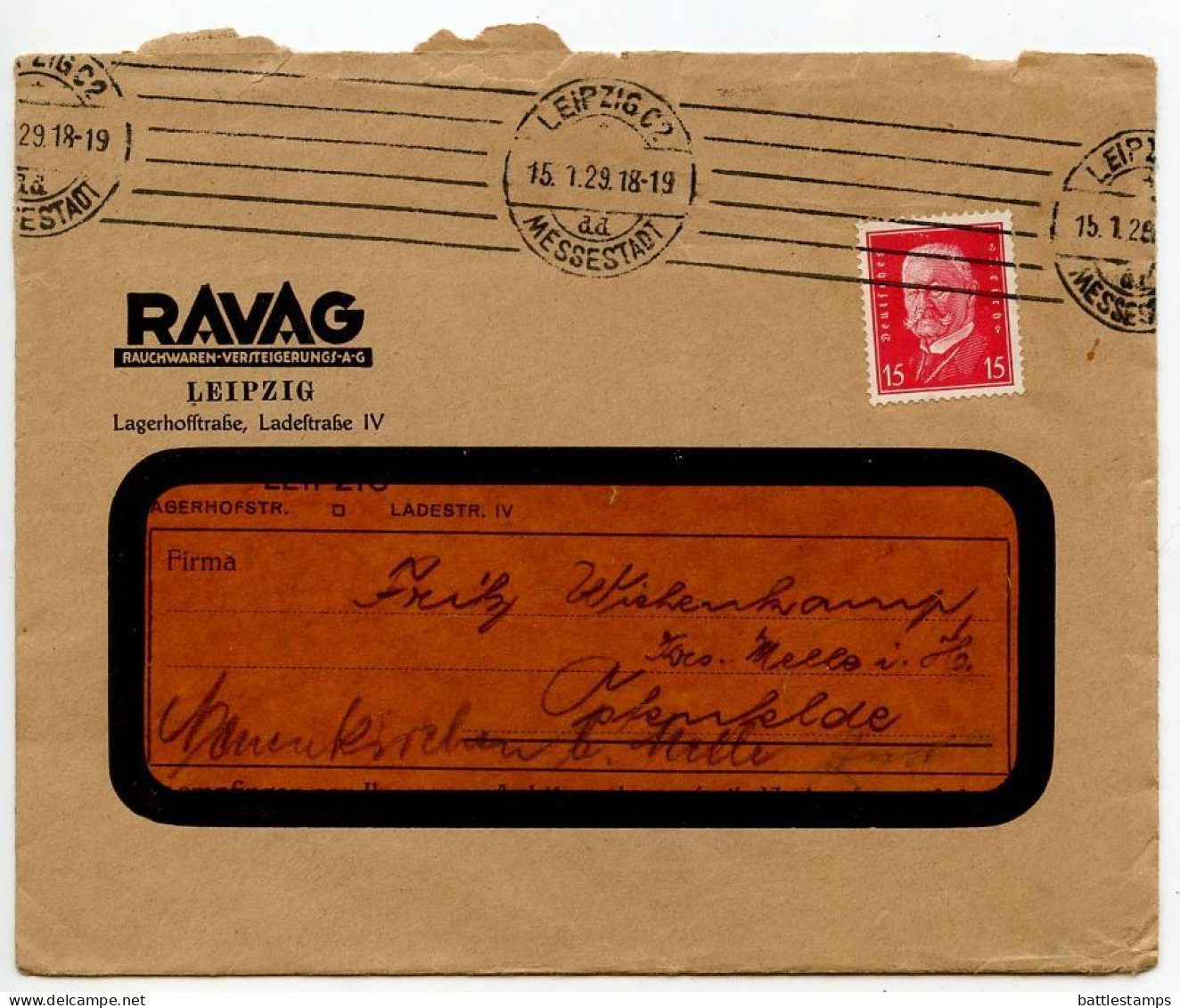 Germany 1929 Cover W/ Auction Form; Leipzig - RAVAG, Rauchwarenversteigerungs A.G. To Ostenfelde; 15pf. Hindenburg - Covers & Documents