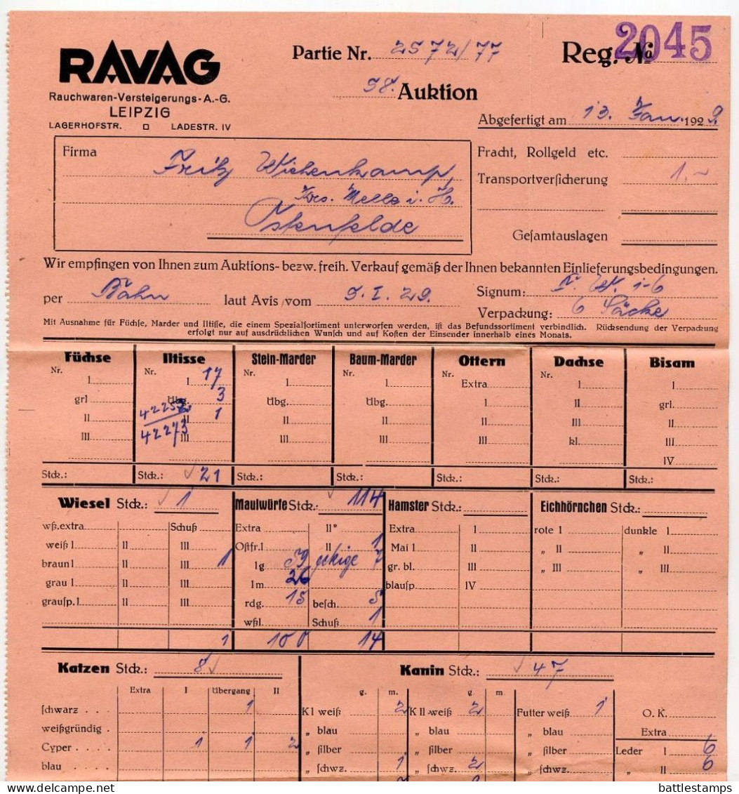 Germany 1929 Cover W/ Auction Form; Leipzig - RAVAG, Rauchwarenversteigerungs A.G. To Ostenfelde; 15pf. Hindenburg - Covers & Documents