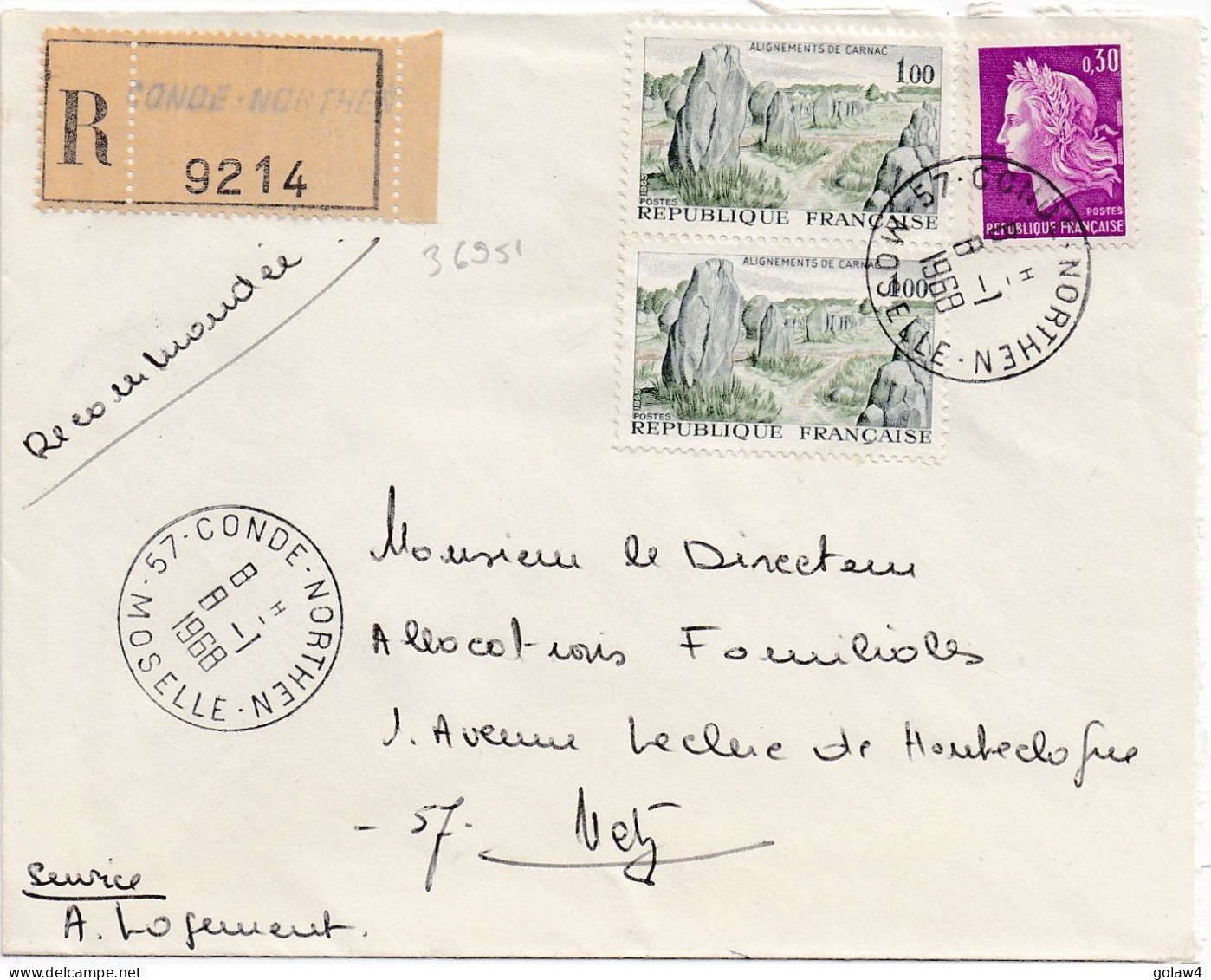 36951# LETTRE FRANCHISE PARTIELLE RECOMMANDE Obl 57 CONDE NORTHEN MOSELLE 1968 Pour METZ 57 - Storia Postale