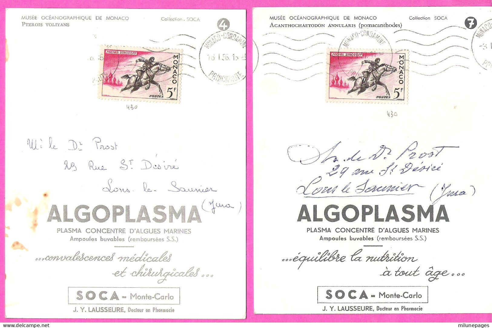 Lot 7 Cartes Publicitaires Laboratoire SOCA Monte-Carlo Poissons Illustrées Par Camia + Beaux Timbres De Monaco 1956 - Museo Oceanografico